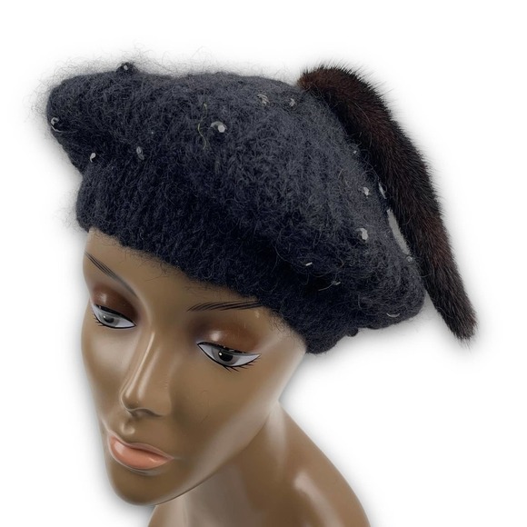 70's Italian mink tail mohair wool beaded beret winter hat - Picture 3 of 14